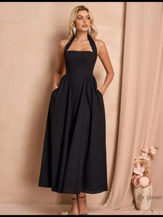 Halter Midi Dress Corset Elegant Long Formal Cocktail Wedding Guest - Picture 3 of 6